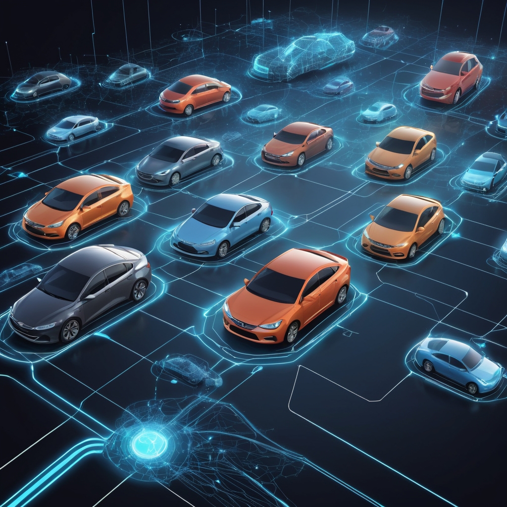 Connected vehicles with glowing data streams and digital network nodes in an IoT ecosystem Connected vehicles with glowing data streams and digital network nodes in an IoT ecosystem